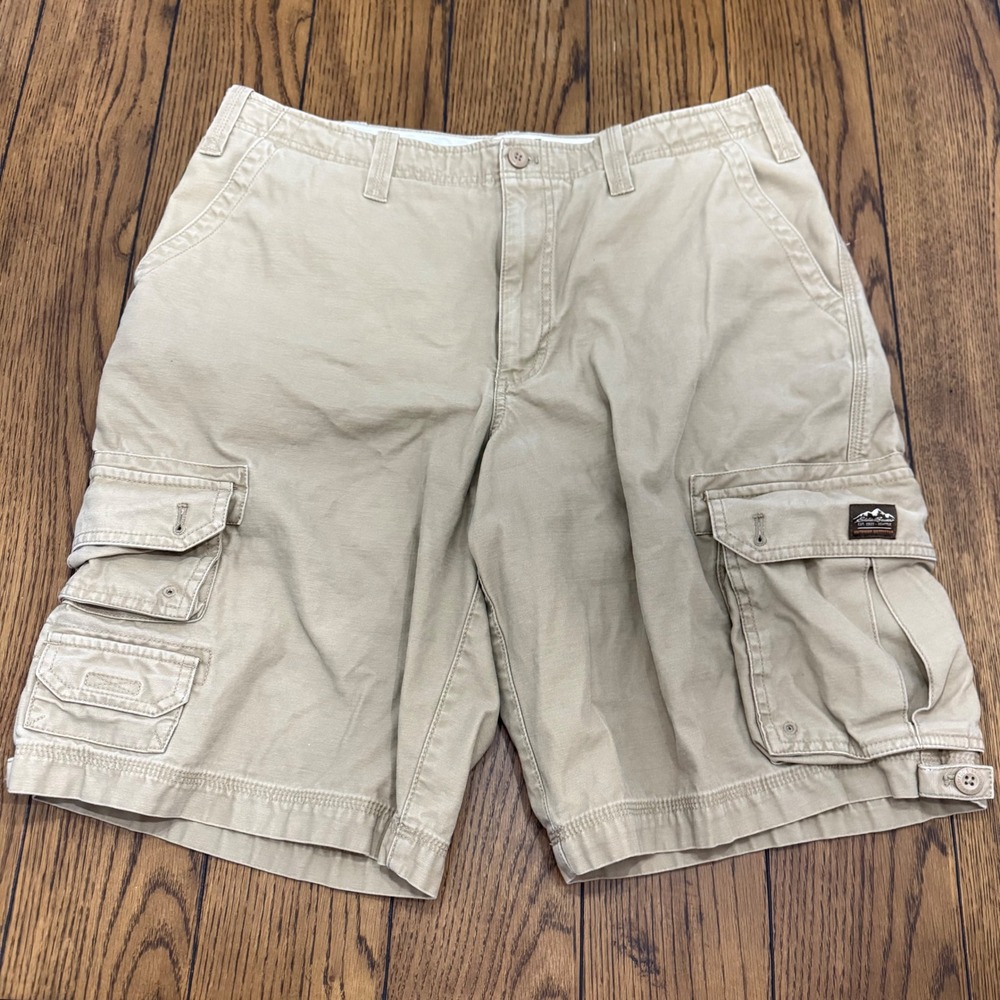 Eddie Bauer Mens Khaki Cargo Shorts Size 38 Tall Cotton Tan Multi Pocket Outdoor